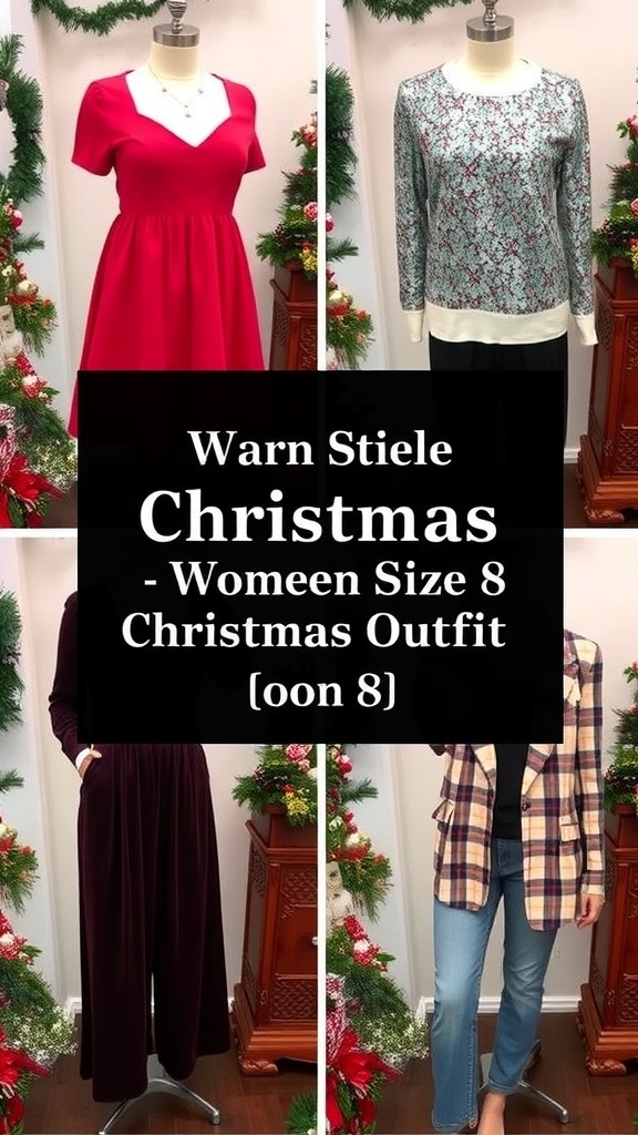 Stylish Christmas Outfit Ideas for Women Size 8 A variety of Christmas outfits for women size 8, showcasing festive styles including dresses, tops, and blazers.